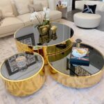 TRICO CHIC SET DE 3 TABLE BASSE VERRE NOIR SUPPORT DORE