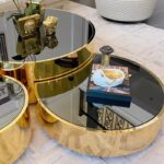 TRICO CHIC SET DE 3 TABLE BASSE VERRE NOIR SUPPORT DORE