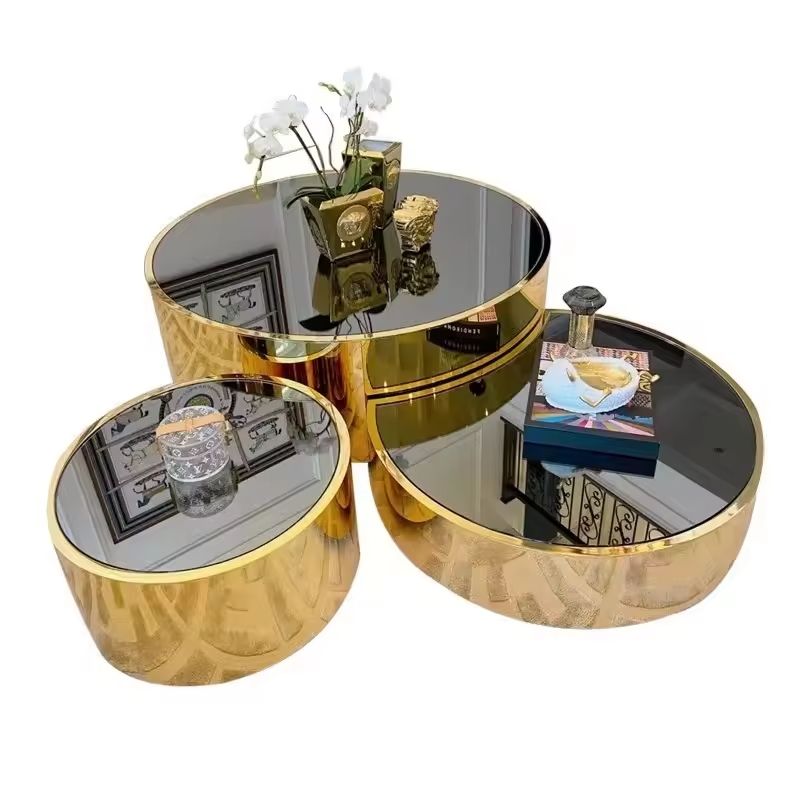 TRICO CHIC SET DE 3 TABLE BASSE VERRE NOIR SUPPORT DORE TRICO CHIC SET DE 3 TABLE BASSE VERRE NOIR SUPPORT DORE