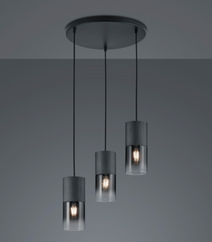 TRIO SUSPENSION ROBIN METAL NOIR MAT 3XE27 VERR FUME 37CM